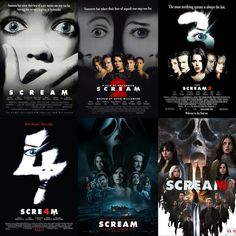 four different movie posters with faces and words on them, all in black and white