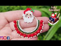 a hand holding a small christmas decoration with santa claus on the front and green grass in the background