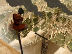 an animated image of a man standing on top of a tall building looking down at the city