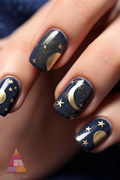 Bring the night sky to your nails with this stunning moon nails design. The delicate gold stars and crescent moon create a celestial look that's perfect for any night out. For more moon nail art, visit nailhow.com. Moon Gel Nail Designs, Over The Moon Nails, Dark Celestial Nails, Celestial Nail Art Short, Star And Moon Nail Designs, Night Sky Nail Art, Star Moon Nails, Pagan Nails, Crescent Moon Nails