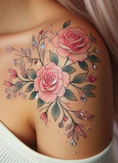 a woman's shoulder with pink roses and leaves on the side, surrounded by jewels