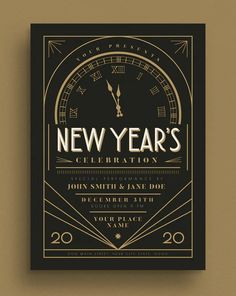 a black and gold new year's eve celebration poster with an analog clock on it