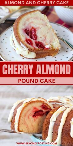 two pictures of cherry almond bundts with icing on them and one is cut in half