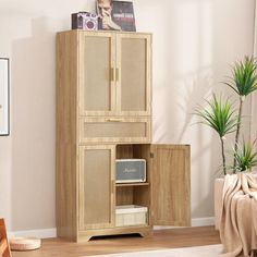 a tall wooden cabinet sitting in a living room next to a plant on top of a rug