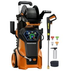 an orange and black pressure washer with hoses