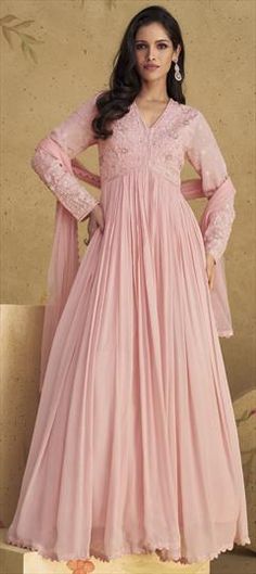 Pink and Majenta color Gown in Georgette, Silk fabric with Embroidered, Resham, Sequence, Thread work Pink Georgette Wedding Gown, Festive Pink Ceremony Dress, Fitted Dress With Resham Embroidery For Ceremony, Pink Floor-length Lace Dress, Pink Lace Floor-length Dress, Pink Anarkali Dress For Ceremony, Pink Anarkali Dress With Lace Work, Fitted Pink Gown For Ceremony, Ceremonial Pink Gown With Zari Work