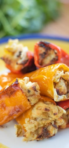 stuffed bell peppers on a plate with sauce