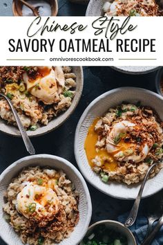 chinese style savory oatmeal recipe in white bowls