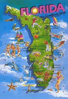 a map of florida with all the states and their major cities on it's side