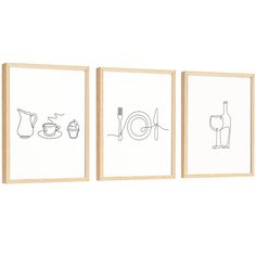 three framed art pieces with food and wine on them