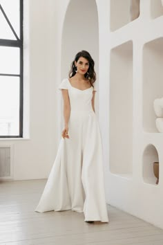 Simple Crepe Wedding Gown, Minimalistic Short Sleeve Wedding Dress, a Line Bridal Dress Inga - Etsy Sleeve Wedding Dress Simple, Modest Bridal Dresses, Crop Top Wedding Dress, Simple Wedding Gowns, Custom Wedding Gown, Short Sleeve Wedding Dress, Wedding Dress A Line, Minimalist Dress, Wedding Dress Simple