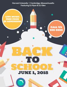 the back to school flyer is shown with pencils and books on top of it