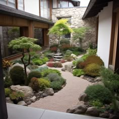 a garden with rocks and trees in the center, surrounded by gravel path leading up to two windows