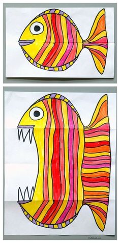 two pictures of fish with different colors and shapes on them, one is drawn in pencil