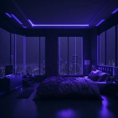 Dark Penthouse Bedroom, Dark Led Bedroom, Luxury Rooms Bedroom Black, Dark Led Room, Dark Led Room Aesthetic, Led Penthouse, Modern Penthouse Bedroom, Hotel Room Design Luxury Modern, Penthouse Bedroom Aesthetic