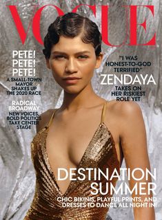 a woman in a gold dress on the cover of a magazine