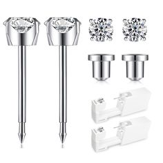 three different types of diamond studs and one with screwdriver on white background