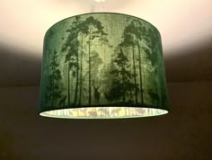 a green lamp shade hanging from the ceiling