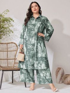 Plus Size Random Print Long Shirt And Wide-Leg Pants 2pcs Set For Vacation, Modest Casual Fashion Longline Set Green Casual    Tropical,All Over Print  Non-Stretch  Women Plus Clothing, size features are:Bust: ,Length: ,Sleeve Length: Printed Co Ord Set, Co Ord Sets Women, Plus Size Modest Fashion, Simple Dress Casual, Fashionable Work Outfit, Baby Girl Dress Design, A Line Kurta, Fashion Sketches Dresses, Sketches Dresses