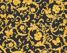 Classic Scrollwork Damask Butterflies Textured Wallpaper in Black/Gold Versace Pattern, Versace Wallpaper, Luxurious Wallpaper, Wallpaper Gold, Paintable Wallpaper, Wallpaper For Sale, Gold Baroque, Baroque Pattern, Versace Home