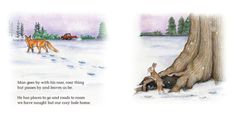 an illustrated book with two pictures of animals in the snow next to a tree trunk