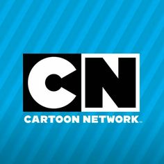 the cartoon network logo is shown on a blue and black striped background with white letters