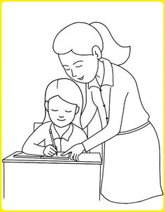 a woman helping a child to do homework in front of a desk with a yellow frame