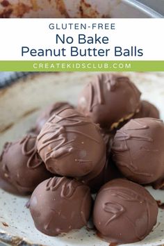 chocolate peanut butter balls on a plate with the text gluten - free no bake peanut butter balls