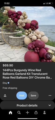 an iphone photo with the caption's name and description below that reads, $ 600 bubbly wine red balloon garland kit translucent rose red balloons diy chrome chrome chrome ba