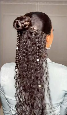 Prom Hairstyles Half Up Half Down Curly, Bun Half Up Half Down, Slick Back Curly Ponytail, Half Up Hairstyles For Medium Hair, Two Ponytails Half Up Half Down, Slick Back Half Up Half Down Hair, School Dance Hairstyles, Vacay Hair, Half Up Half Down Bun