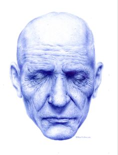 an old man's face is shown in blue ink