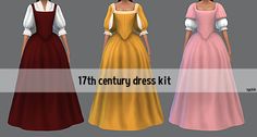 the 17th century dress kit is available in all sizes and colors, including red, pink, yellow or blue