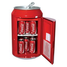 a red cooler with six cans in it and one door open to reveal the contents