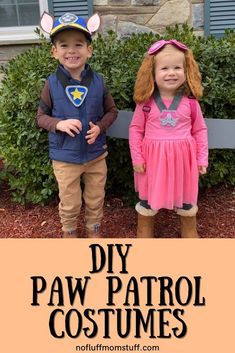 two children dressed up as paw patrol costumes with text overlay that says diy paw patrol costumes