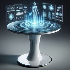 a futuristic table with an image of a human being on it's display screen