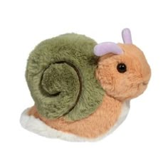 a small stuffed animal snail with purple and green horns on it's back side