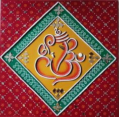 an intricately designed painting on a red background