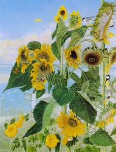 a painting of sunflowers and other flowers in a field