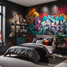 a bedroom decorated in black, grey and orange with graffiti on the wall behind it