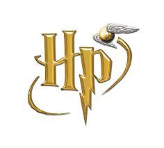 the harry potter logo is shown in gold and silver, with an image of a flying hog