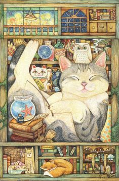 a drawing of two cats sleeping in a book shelf with books and other items on the shelves