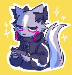 a drawing of a cat with earphones on and holding a cell phone in her hand