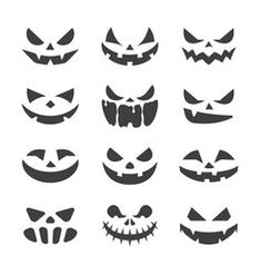 a set of halloween pumpkins with different faces and mouths, all in black on a white background