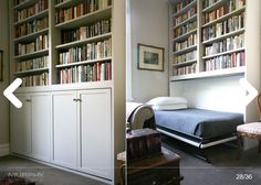 a bedroom with bookshelves and a bed in it