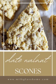 a close up of some cookies on a table with the words, chocolate walnut scones