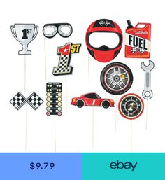 a screen shot of the web page for race car photo booth props, including cupcake toppers and cake picks