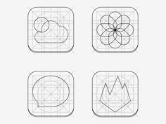 four square icons with lines and shapes in the shape of flowers, circles and arrows