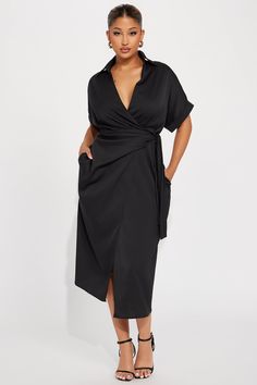 Lucy Midi Wrap Dress - Black | Fashion Nova, Dresses | Fashion Nova Curvy Dress Wedding Guest, Mid Size Business Casual, Smart Casual Dresses, White Midi Wrap Dress, Chanel Little Black Dress, Dress Elegant Classy, Wrap Dress Outfit, Dress For Office, Summer Wrap Dress