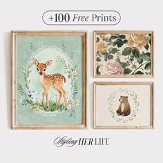 three framed pictures with animals and flowers on them