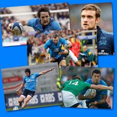 four different pictures of rugby players in blue and green uniforms, one is holding the ball